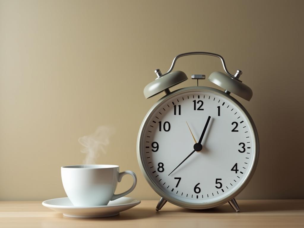 A cup of coffee next to a clock set to 2 PM, symbolizing the cutoff time for caffeine consumption for better sleep.