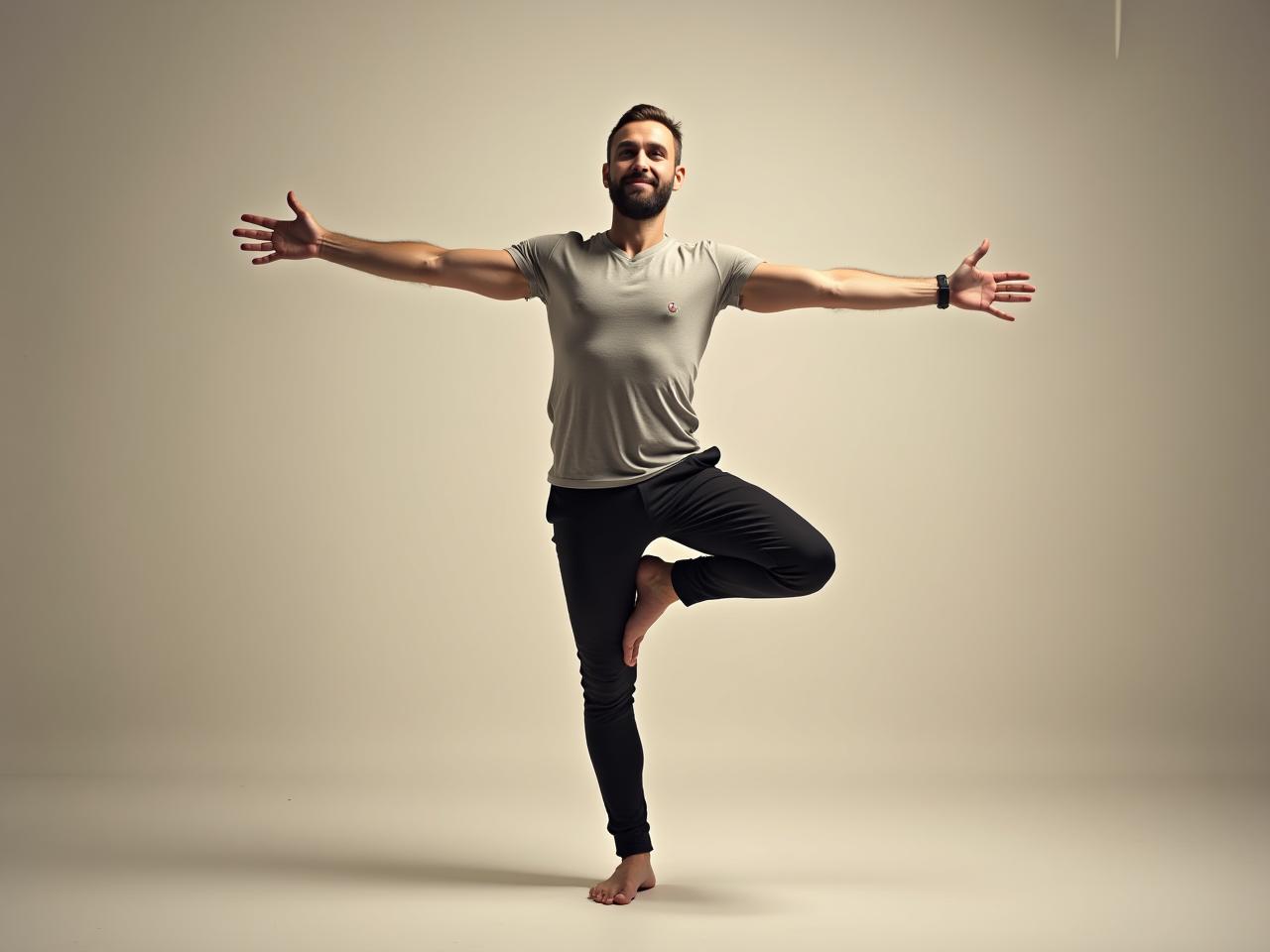 A person balancing on one leg with arms outstretched like wings, performing a simple coordination test at home.
