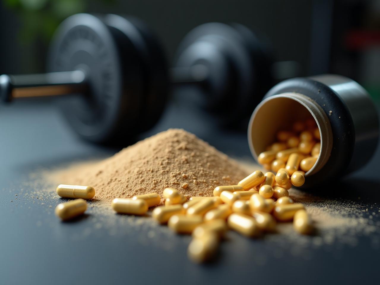 Close-up shot of BCAA capsules and powder, with a subtle background of fitness equipment, symbolizing the debate and usage of BCAA supplements.