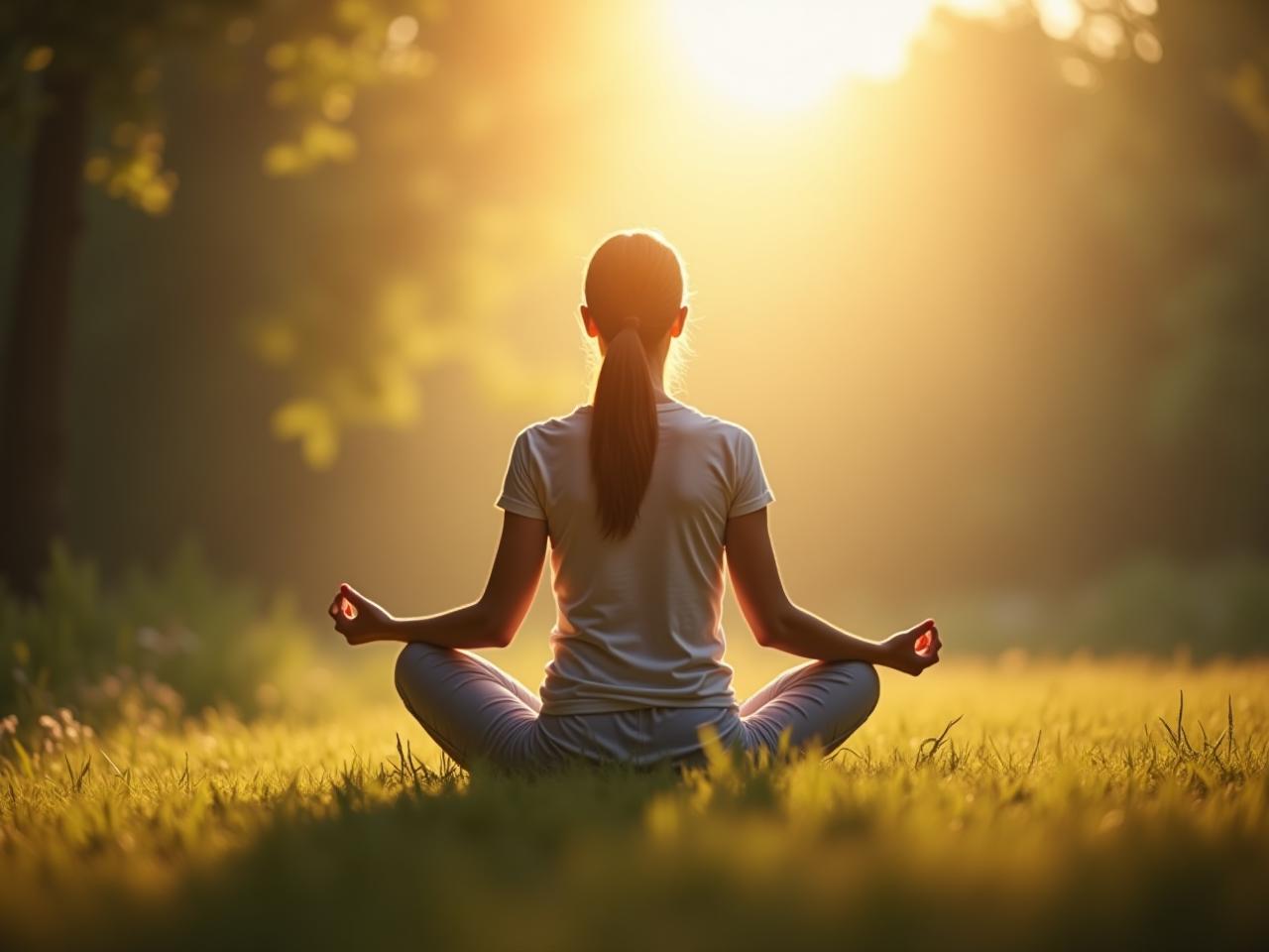 A calm person meditating in nature, surrounded by soft light, symbolizing inner peace and resilience.