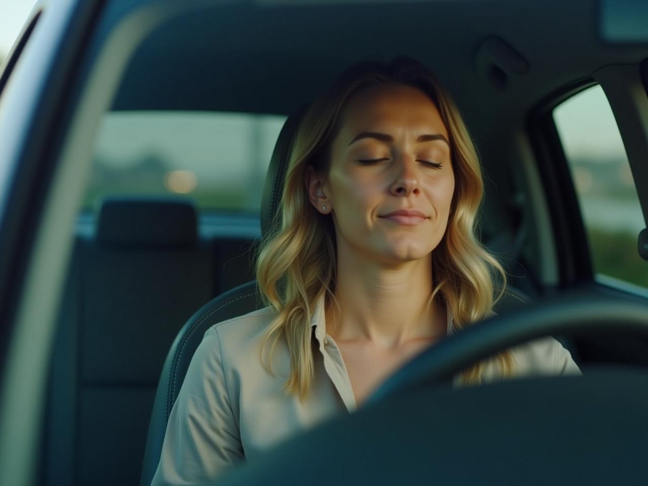 A person meditating in a car stuck in traffic, with a serene expression on their face.