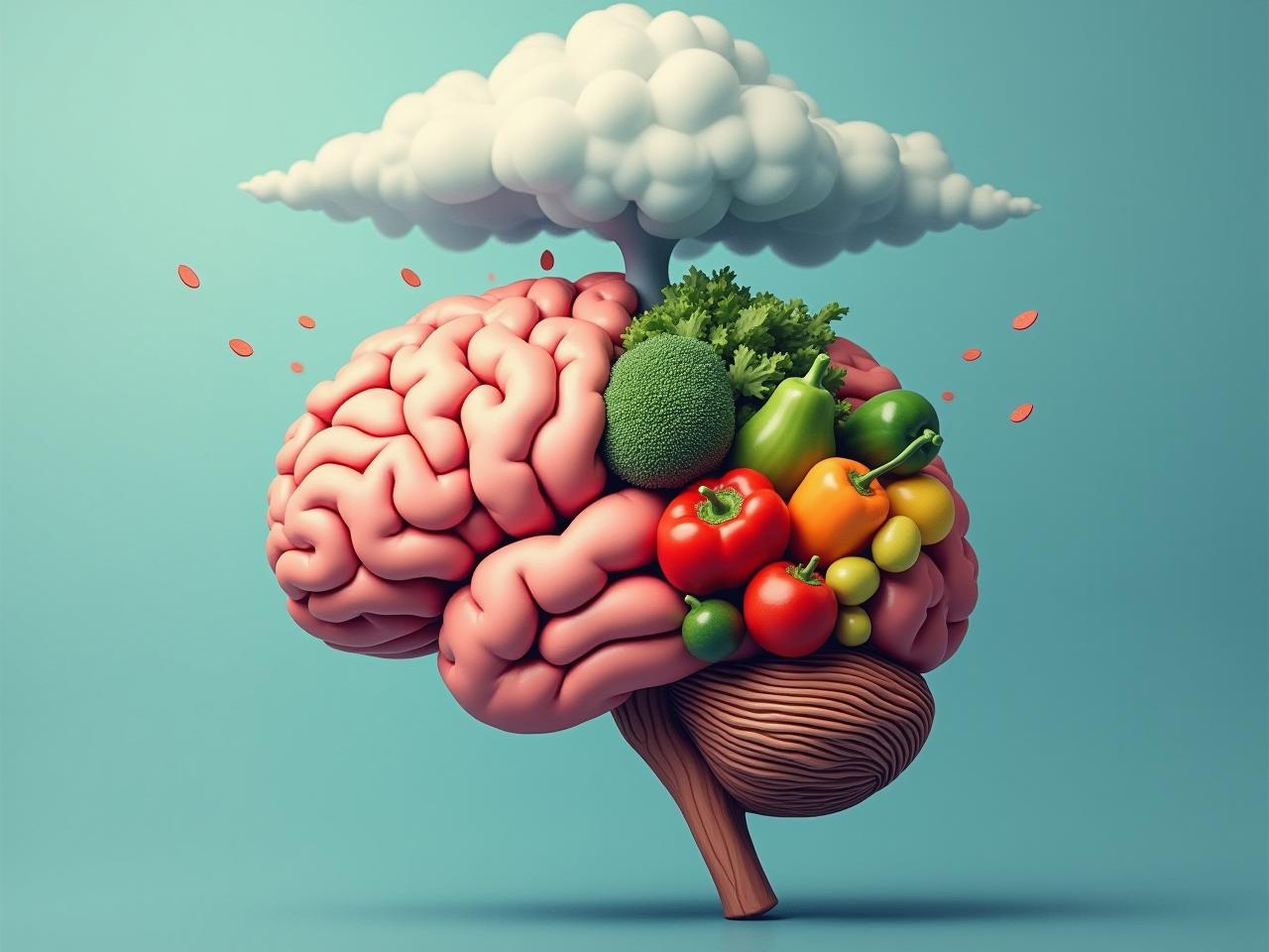 Brain with a storm cloud above it, contrasted with a calm, healthy brain nourished by fruits and vegetables.