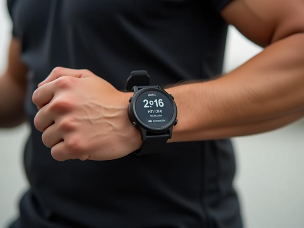 A person wearing a smartwatch while exercising, focusing on the HRV and mitochondrial health tracking features.