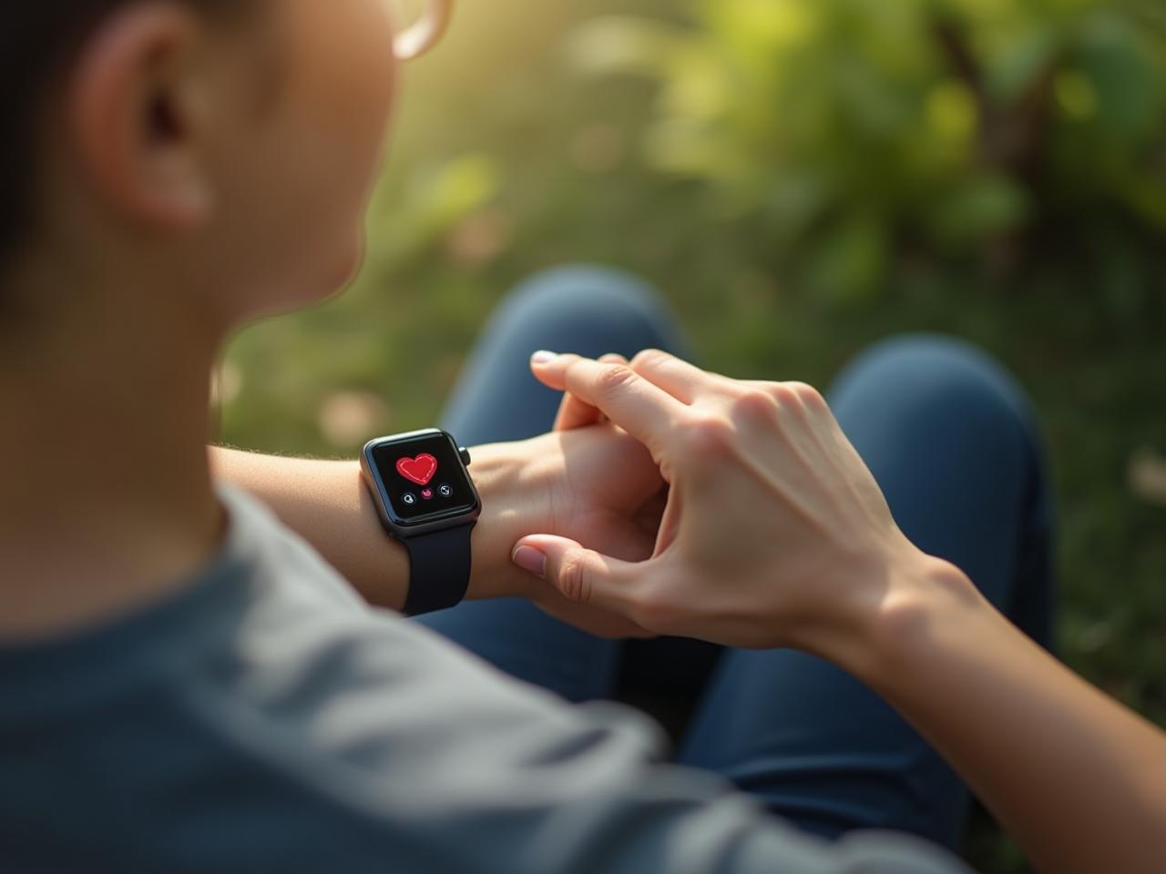 A person checking their heart rate on a smart watch while resting outdoors.