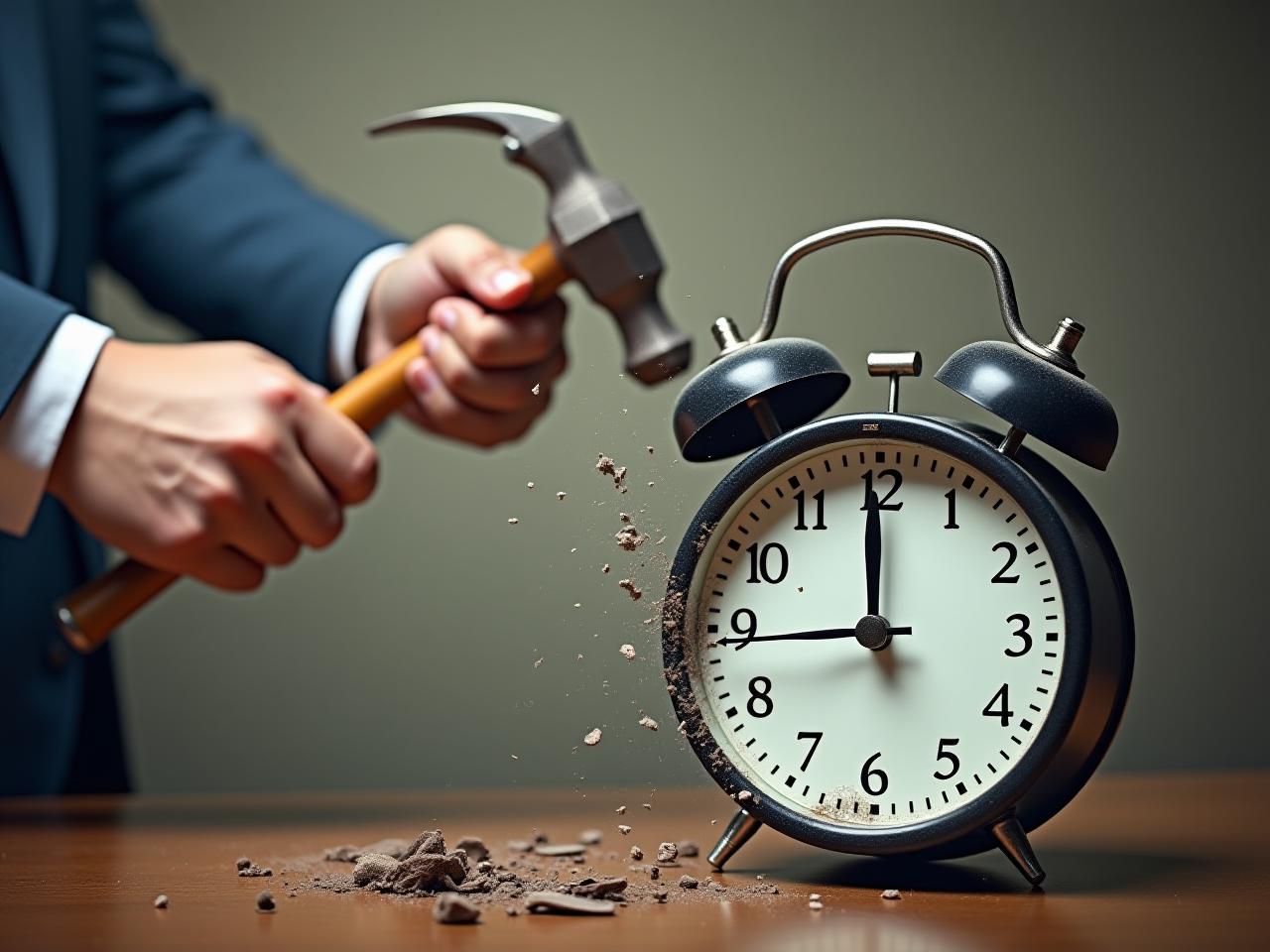 A person smashing an alarm clock with a hammer, symbolizing the violent awakening.