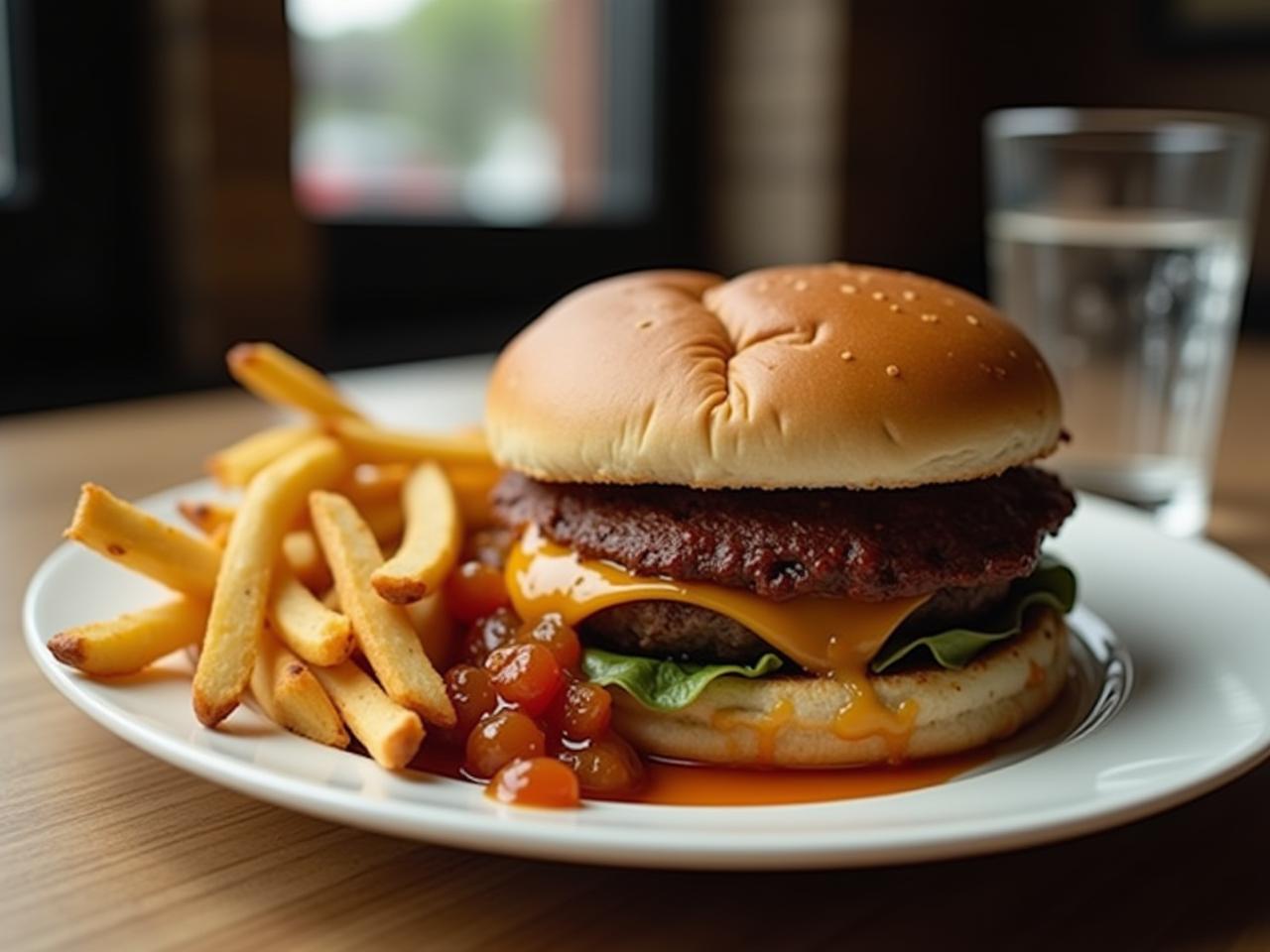 A plate of food with a greasy burger next to a glass of water.