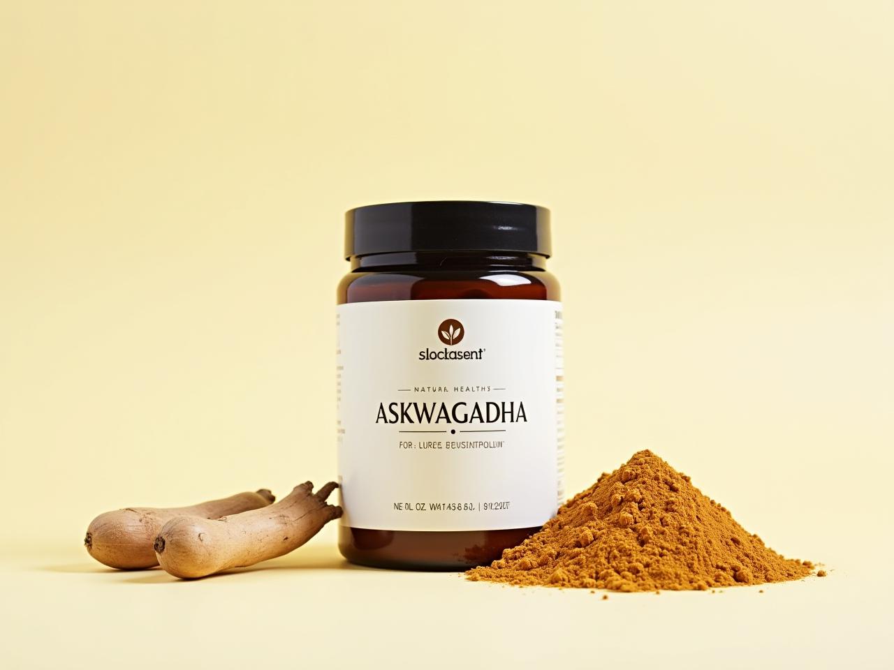 Ashwagandha root and powder with a label. Focus on natural health and stress reduction.