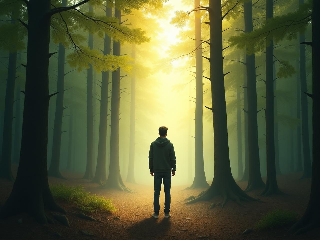 A person standing in a forest, looking up at the trees, with sunlight filtering through the leaves.