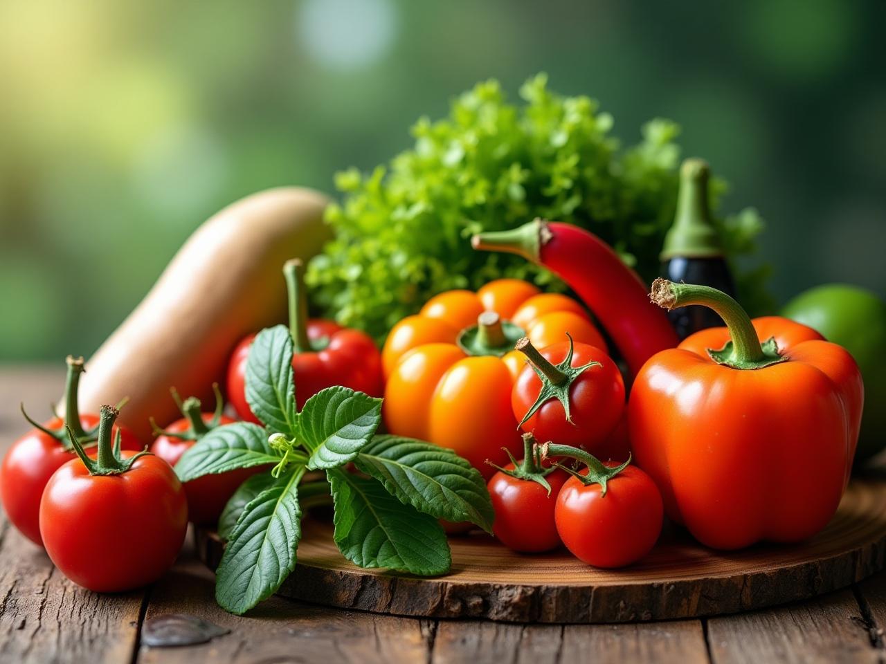 A photo of colorful vegetables and fruits arranged on a wooden table, symbolizing a healthy and balanced diet for natural detoxification.