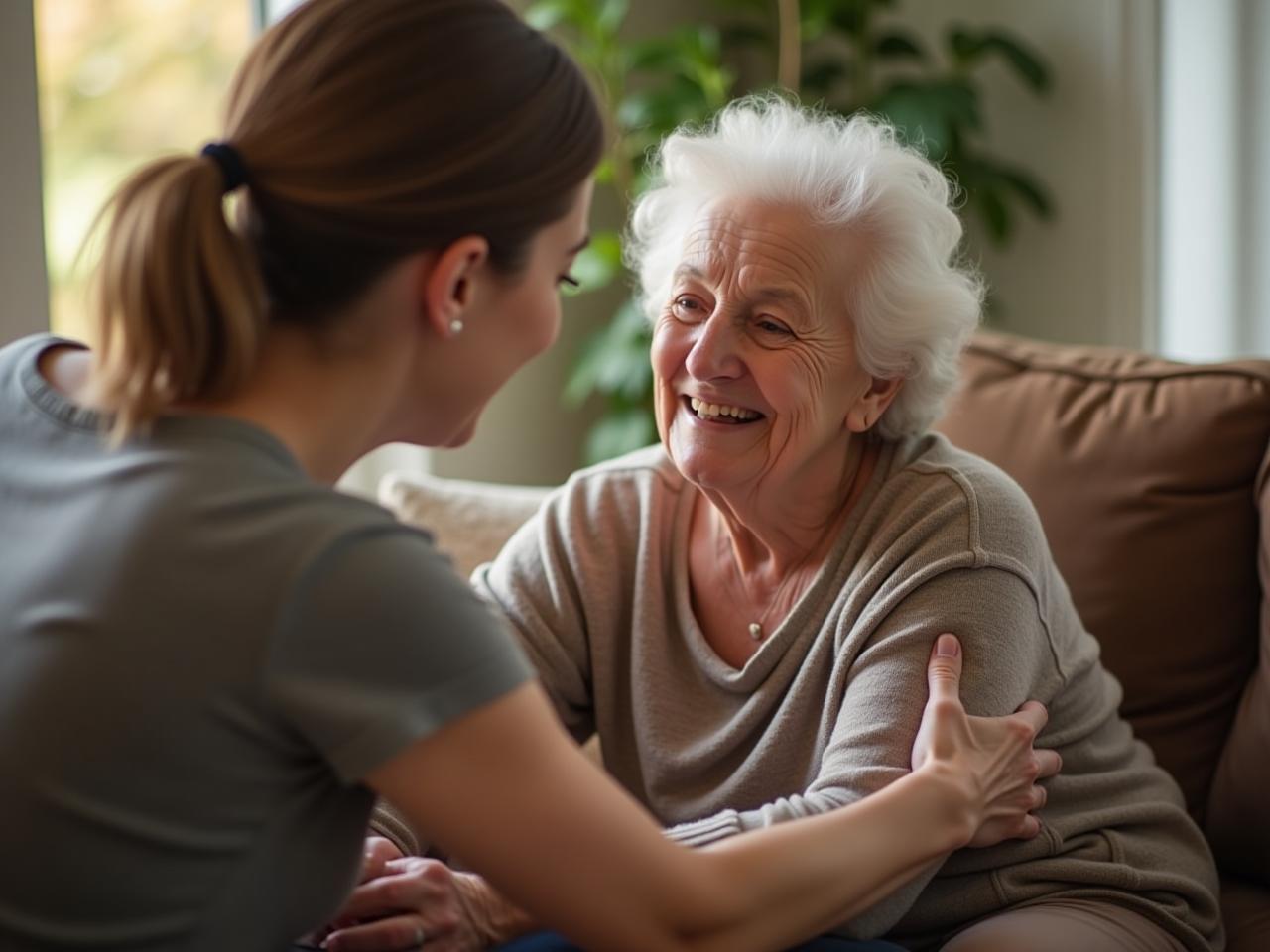 A calm person helping an elderly woman. The image evokes peace and compassion.