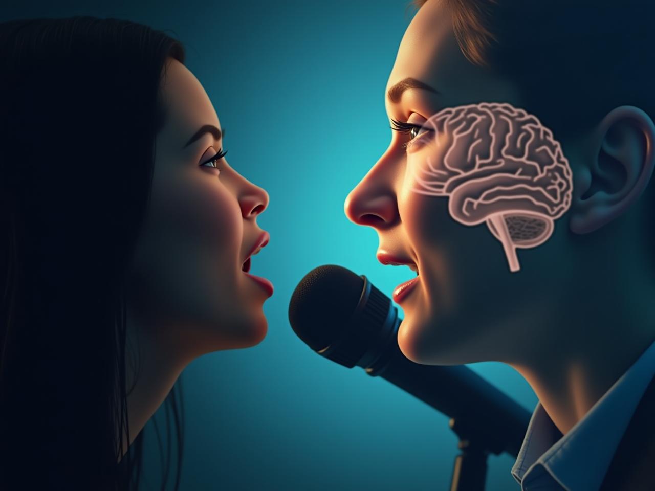 Close-up of a person speaking into a microphone, with a brain silhouette overlaid on the background, representing the connection between voice and neurological health.