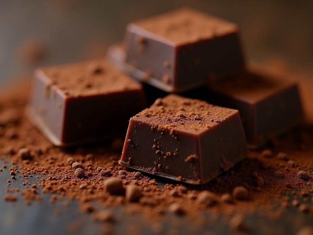 Close-up of dark chocolate squares with cocoa powder sprinkled on top.