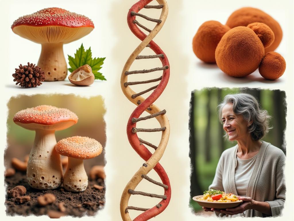 A collage of reishi and maitake mushrooms, DNA strands, and a person enjoying a healthy meal in nature, representing the connection between medicinal mushrooms, telomeres, and a healthy lifestyle.