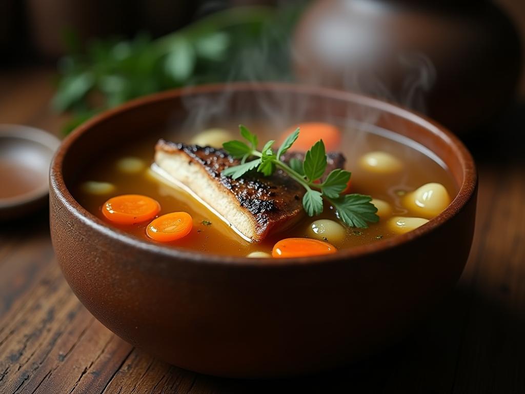 A steaming bowl of bone broth with visible bone marrow and vegetables, garnished with fresh herbs.
