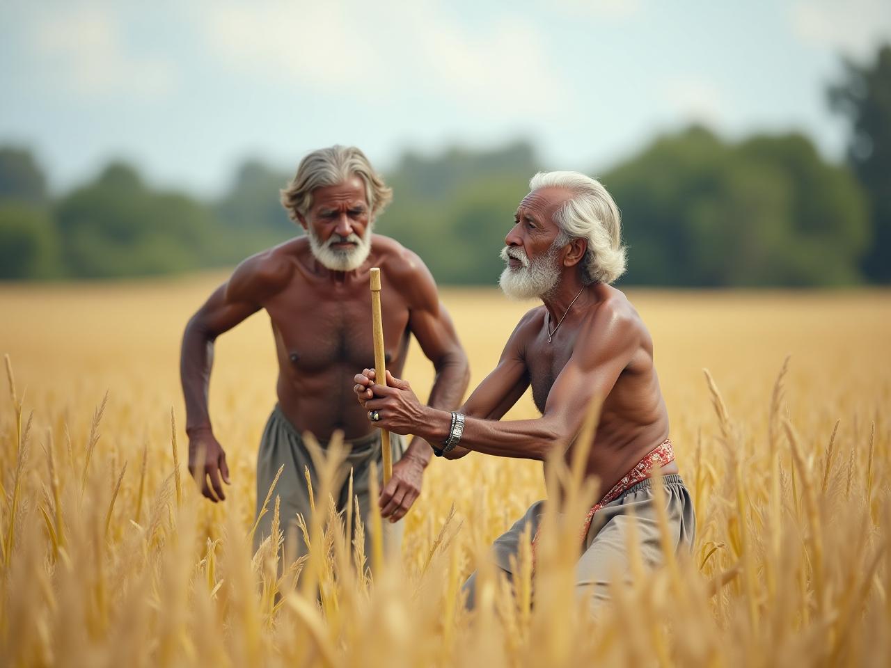 An elderly man from a traditional community is actively working in the fields, showcasing physical strength and vitality in older age.