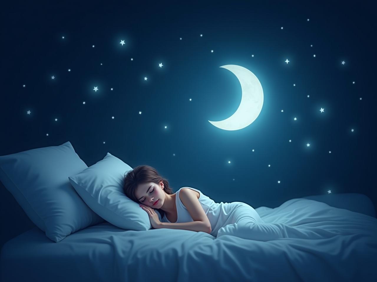 A dreamy image representing restful sleep, possibly featuring stars, a moon, or a silhouette of someone sleeping peacefully.