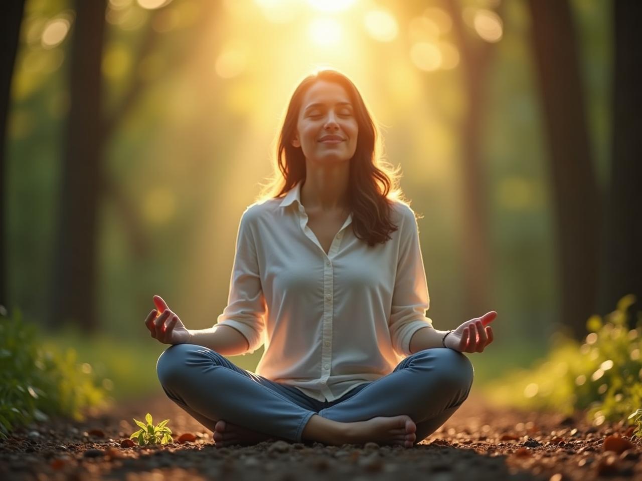 A person meditating in a peaceful natural setting, visualizing healthy white blood cells fighting off illness.
