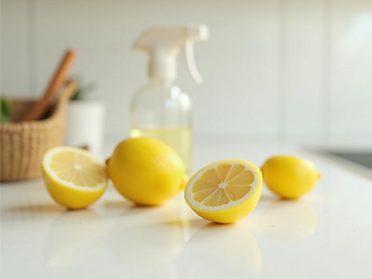 A clean and organized kitchen counter with a lemon cut in half, symbolizing natural cleaning solutions.