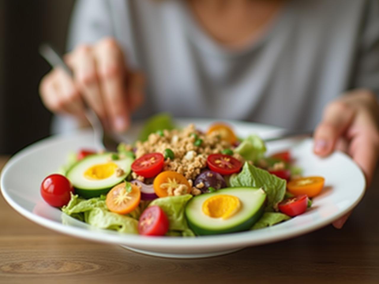 A person mindfully eating a colorful salad, with focus on internal listening and intuition, not just calorie counting.