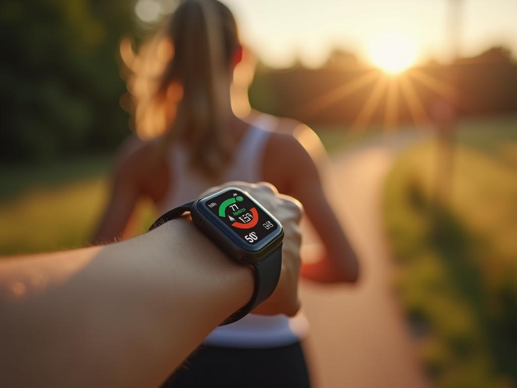 A person wearing a smartwatch while running in nature, with a focus on the watch displaying health metrics.