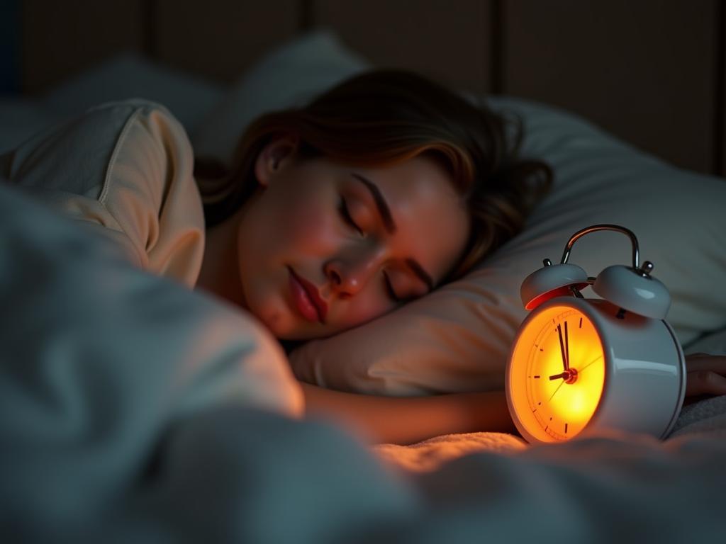 A person sleeping peacefully with a sunrise simulating alarm clock next to their bed.