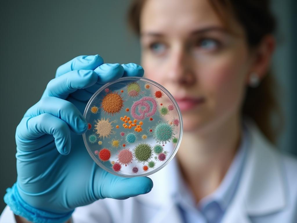 A person holding a petri dish with colorful bacterial colonies representing the gut microbiome diversity. The person is looking at the dish with a curious expression.