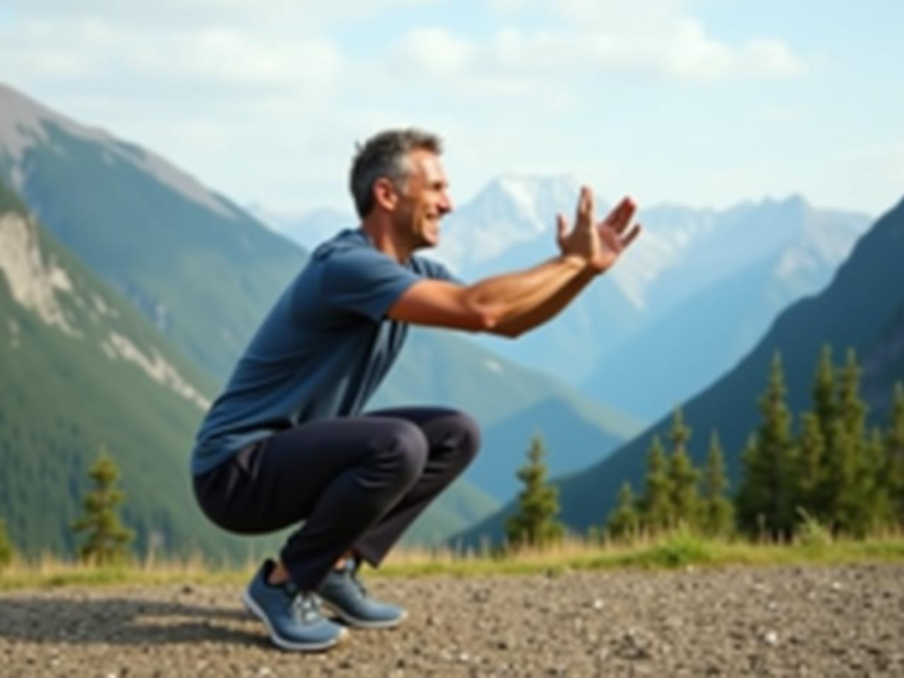 A person performing a slow, controlled squat, emphasizing the eccentric (lowering) phase of the exercise. The background shows a scenic mountain landscape, symbolizing the benefits of natural movement and longevity.