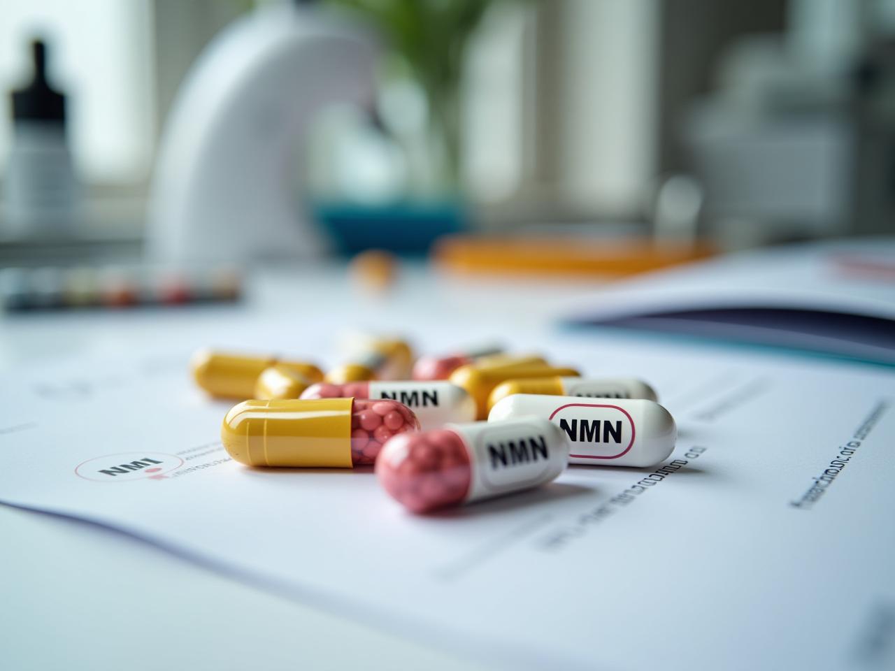 Close-up of capsules with NR and NMN labels, surrounded by research papers and scientific equipment.