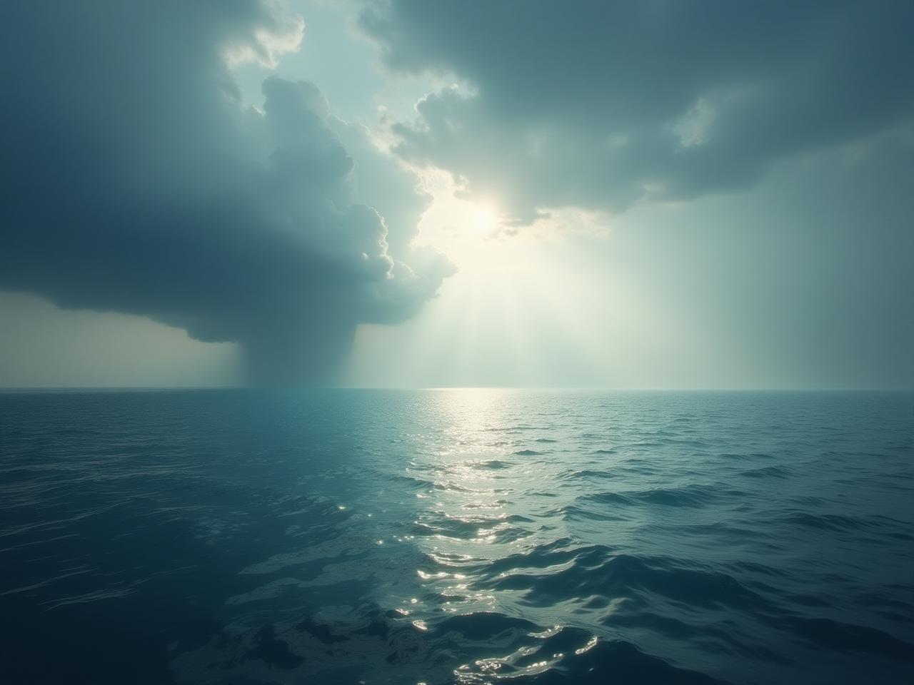 A calm sea with a distant storm on the horizon, symbolizing the balance between suppressed emotions and acceptance.