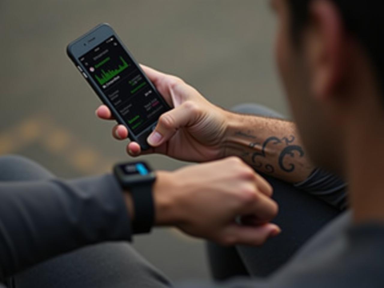 A person wearing a fitness tracker on their wrist, with data showing on a smartphone screen. Focus on the connection between technology and personal health insights.