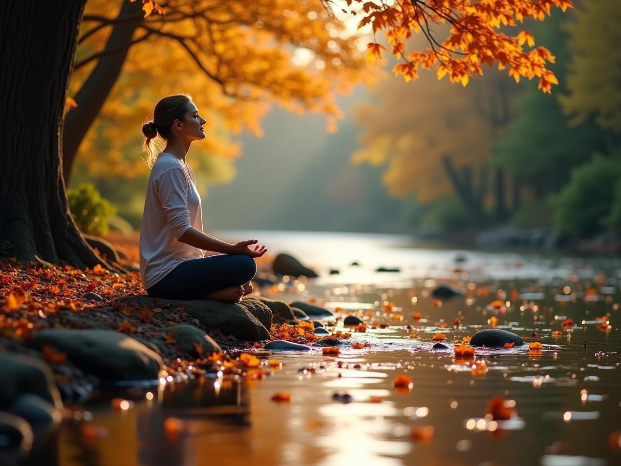 A person meditating peacefully by a serene stream with colorful leaves floating on the water.