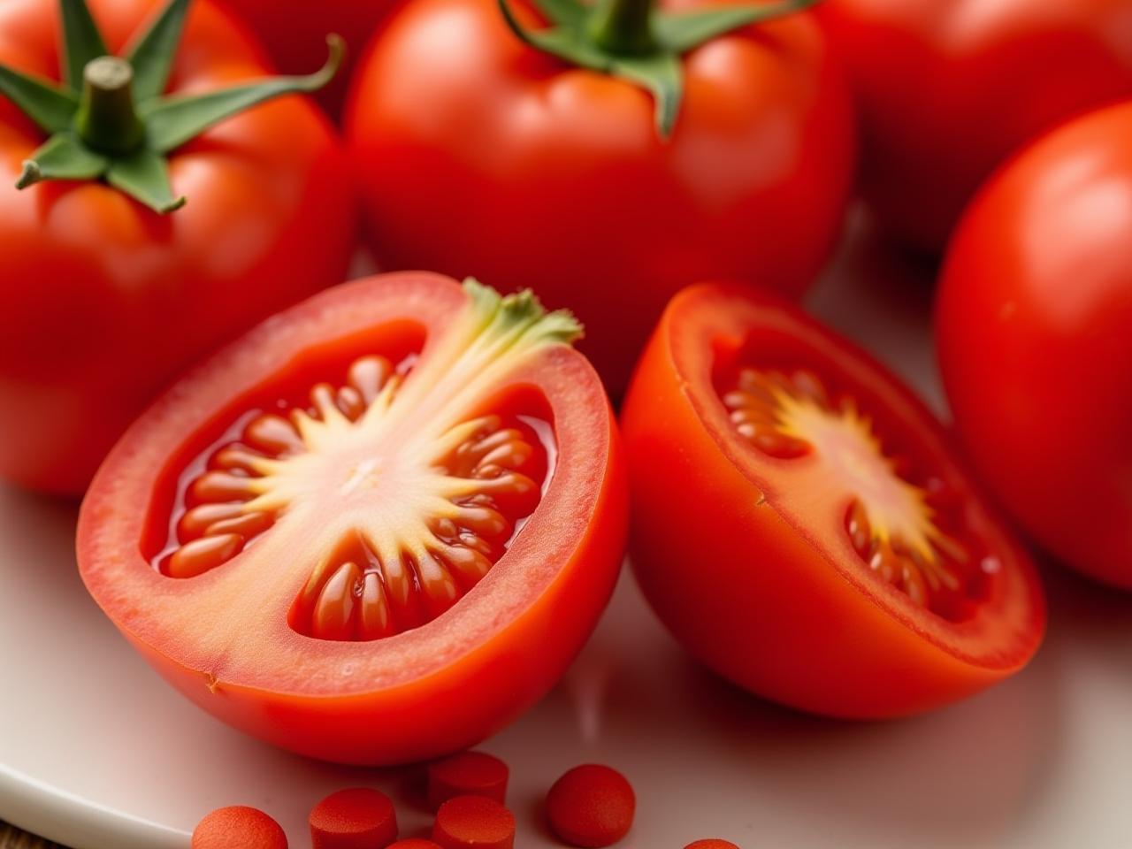 A close-up of vibrant red tomatoes, some sliced open to reveal their juicy interior, next to a bottle of lycopene supplements. The image conveys the idea of choosing between natural sources and supplements for prostate health.