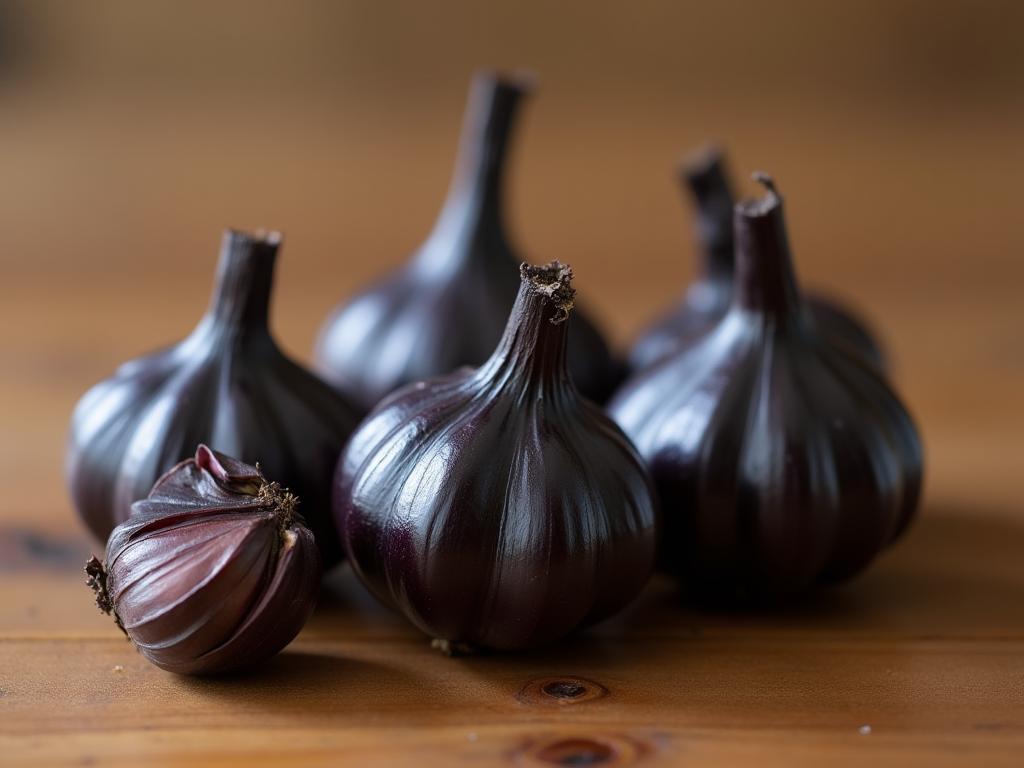 Close-up of black garlic cloves on a wooden surface, highlighting their unique texture and color.