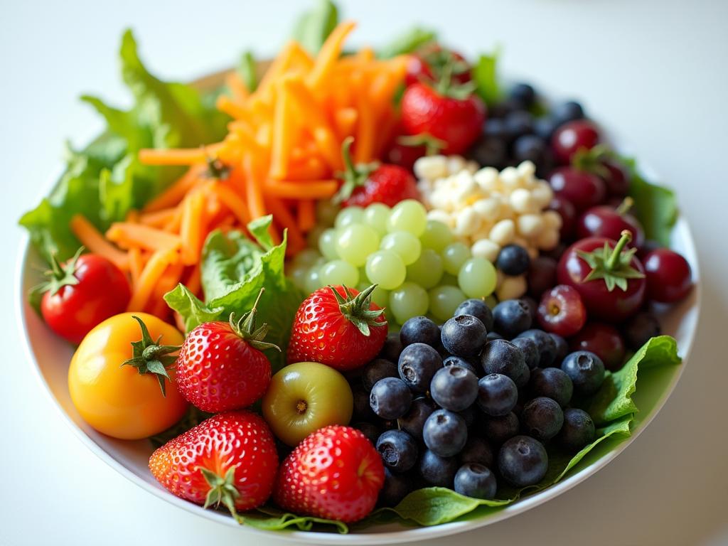 A colorful salad with various fruits and vegetables representing different colors of the rainbow, symbolizing a healthy anti-aging diet.