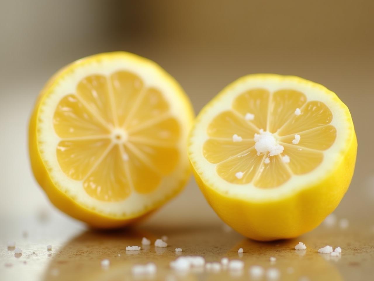 A lemon cut in half, with salt on it, ready to clean a kitchen surface.