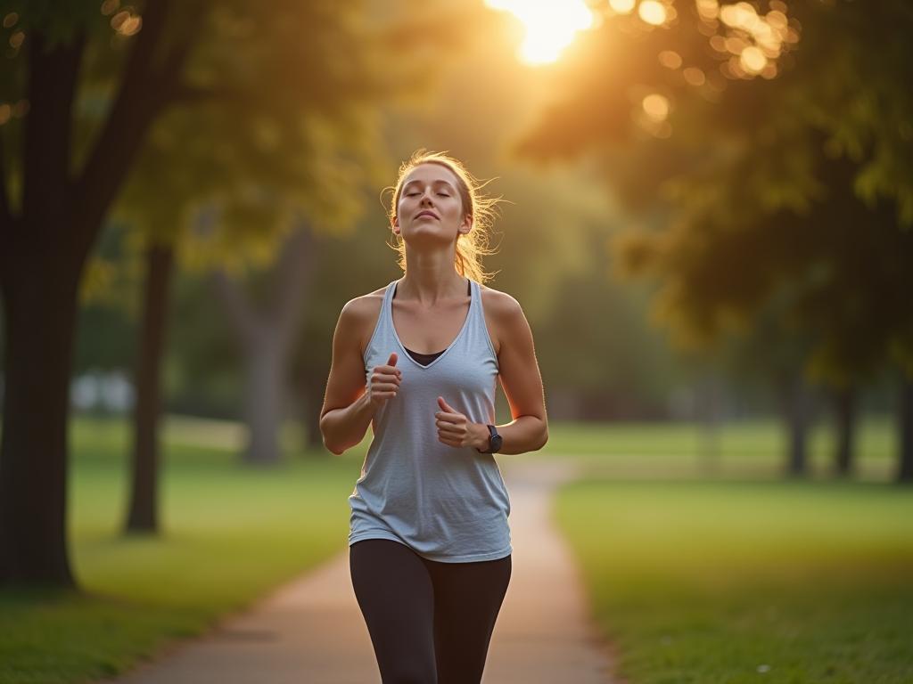 Woman walking in a park, breathing deeply, feeling the benefits of exercise on her mental health.