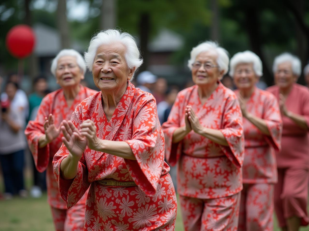 A group of elderly people in Okinawa participating in a traditional dance or activity, showcasing their active and healthy lifestyle.