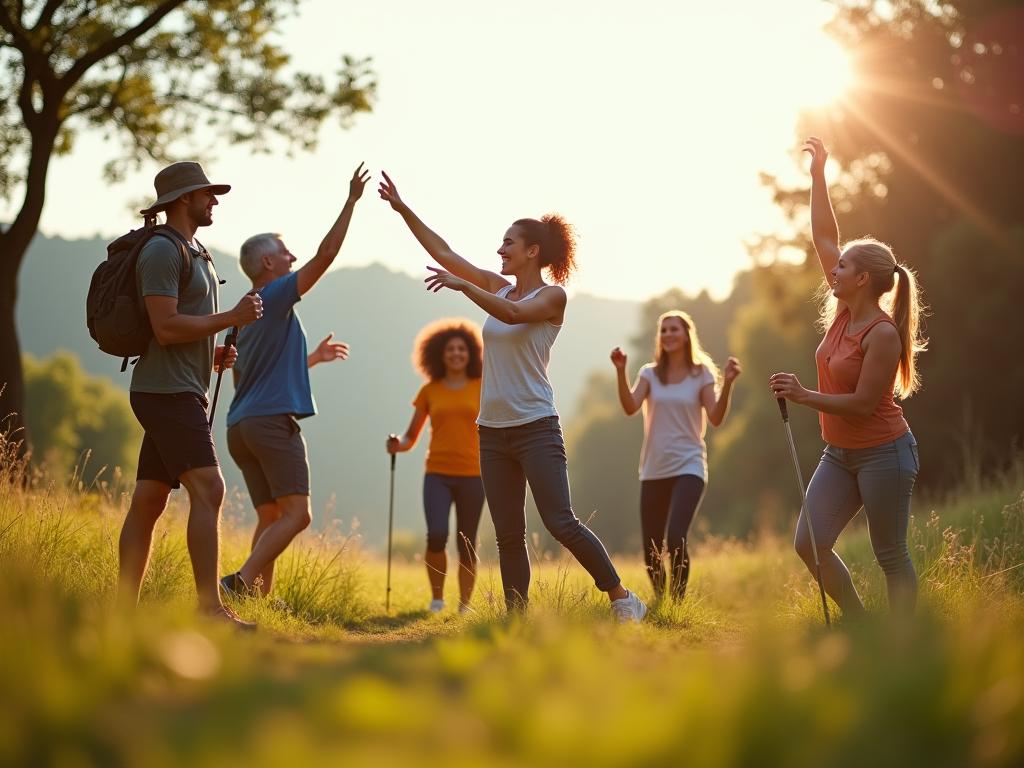 A vibrant image showing a diverse group of people of different ages engaging in natural movement activities outdoors, like hiking, dancing, and stretching. The image emphasizes the joy and freedom of movement.