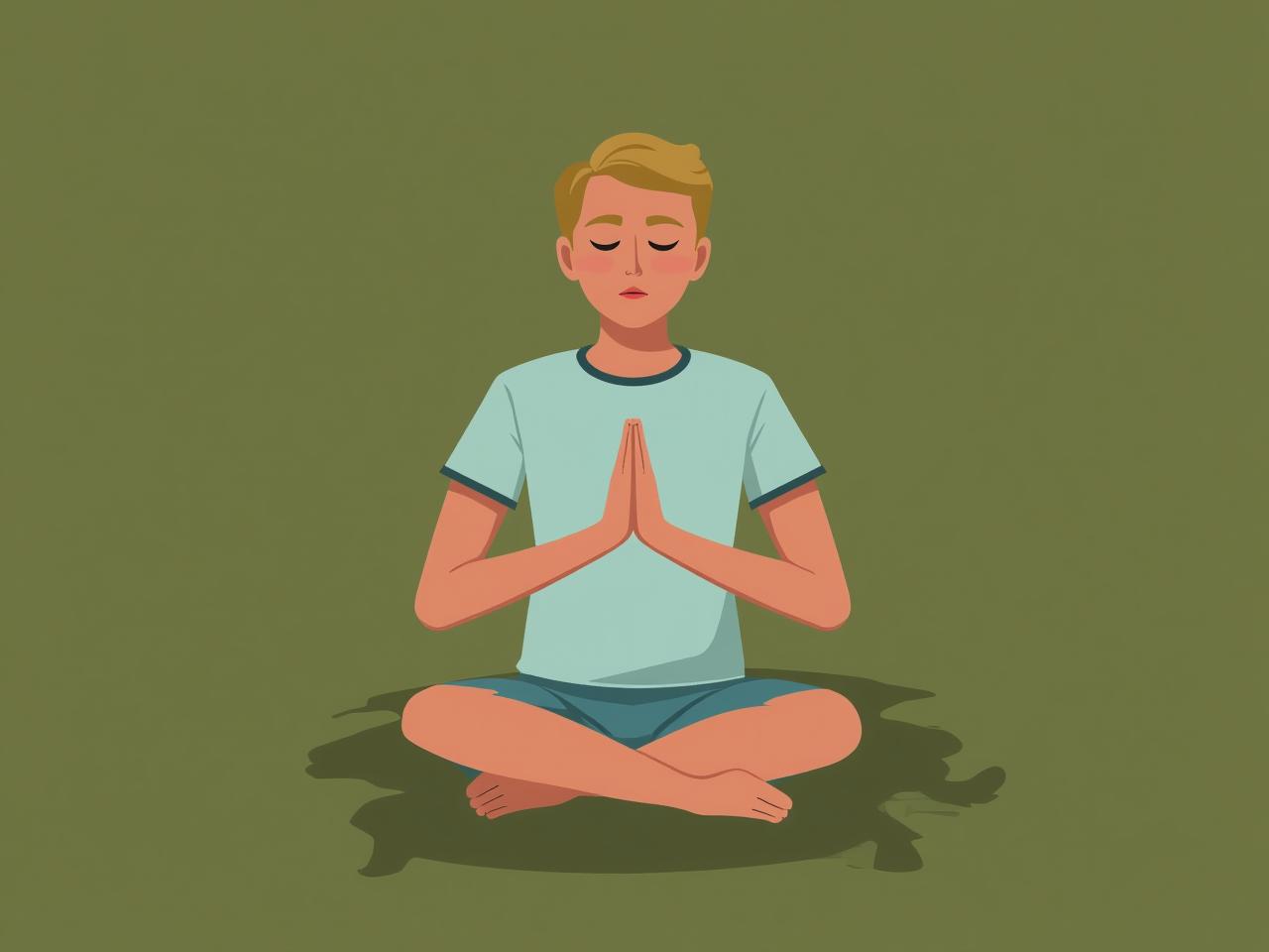 A person sitting in a relaxed posture, breathing deeply with eyes closed, surrounded by calming natural elements.