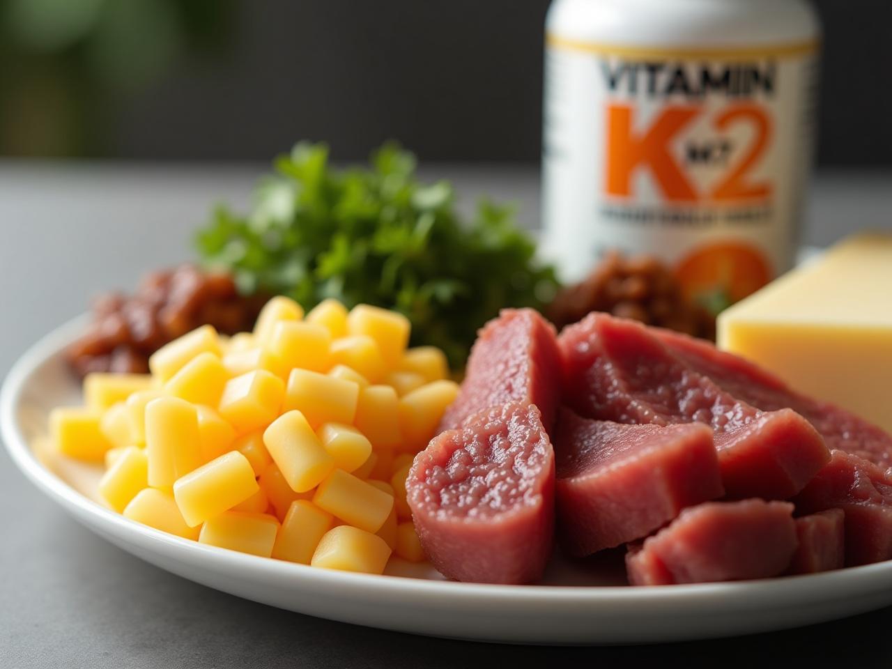 A close-up shot of a plate with various foods rich in vitamin K2, such as natto, hard cheeses, and grass-fed beef, with a bottle of vitamin K2-MK7 supplement in the background.