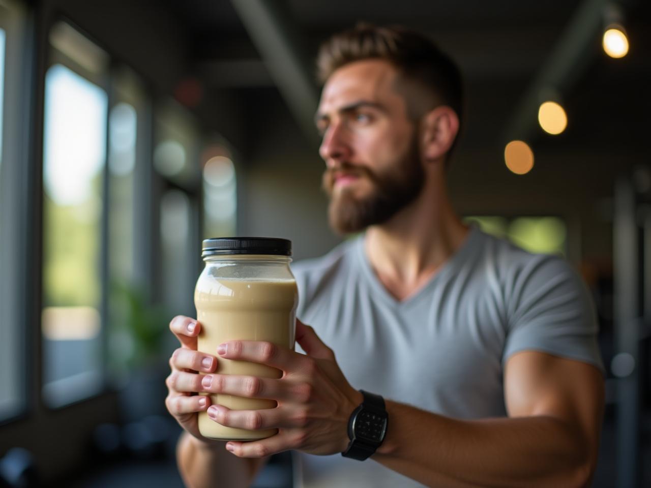 A person looking thoughtful while holding a protein shake after a workout, questioning the common nutrition advice.