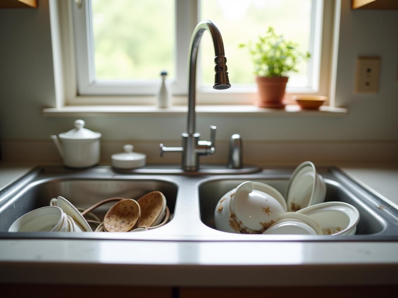 A messy kitchen sink with dirty dishes, contrasted with a clean and organized kitchen countertop.