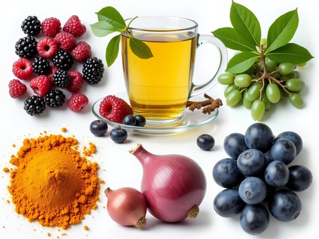 Collage of healthy foods rich in polyphenols: berries, green tea, turmeric, grapes, and onions.