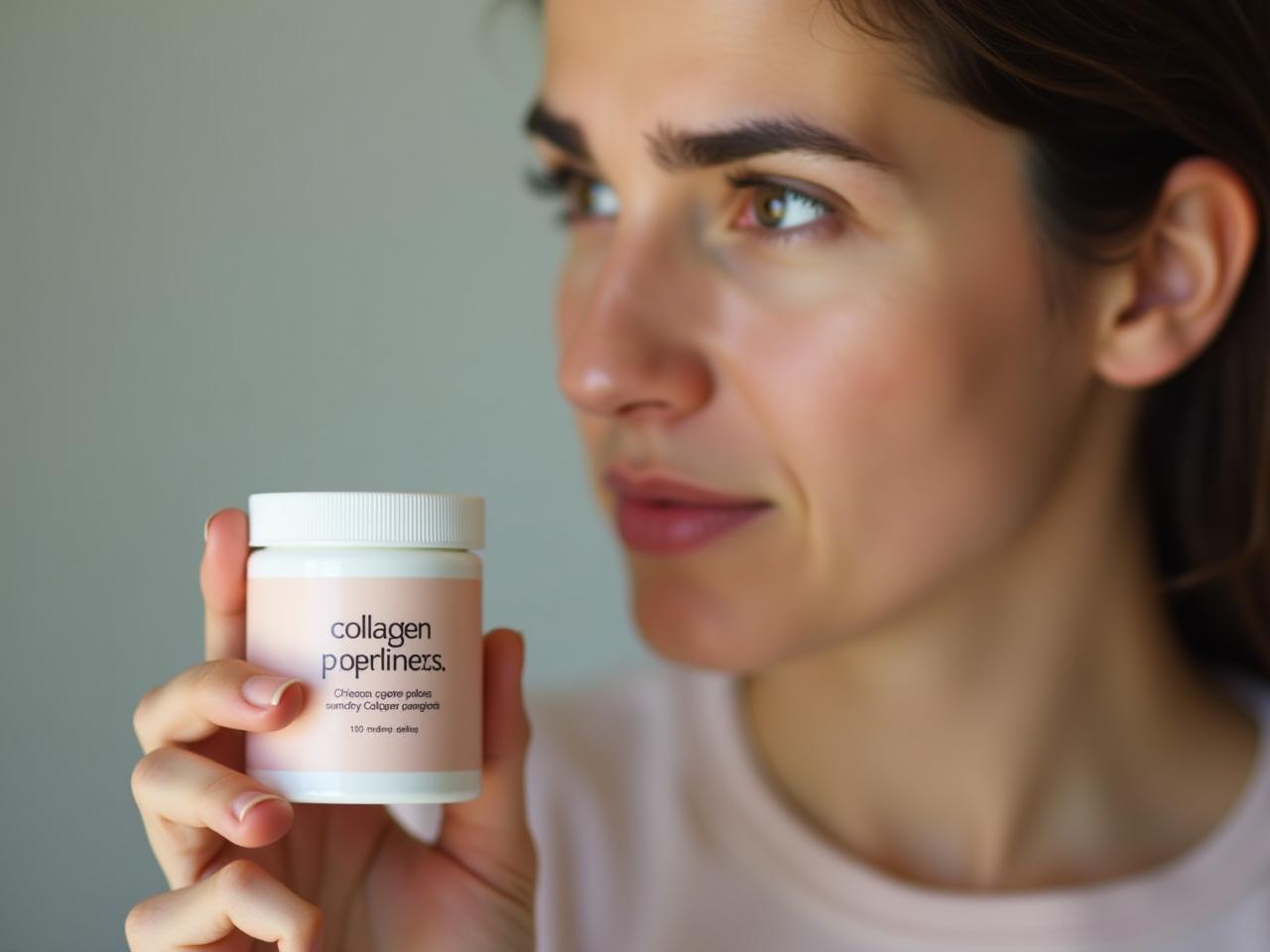 A person looking skeptically at a container of collagen peptides, questioning its effectiveness.