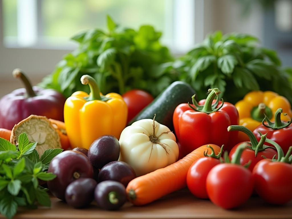 A close-up photo of various colorful vegetables and herbs, symbolizing natural health and longevity. A blurred background suggests a scientific setting, hinting at research behind the claims.
