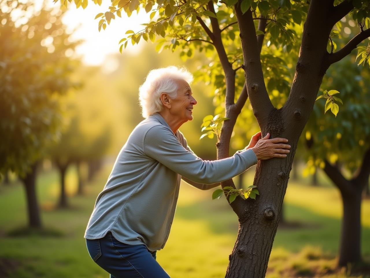 A woman in her 80s climbing a tree in a sunny orchard, symbolizing natural movement and longevity.