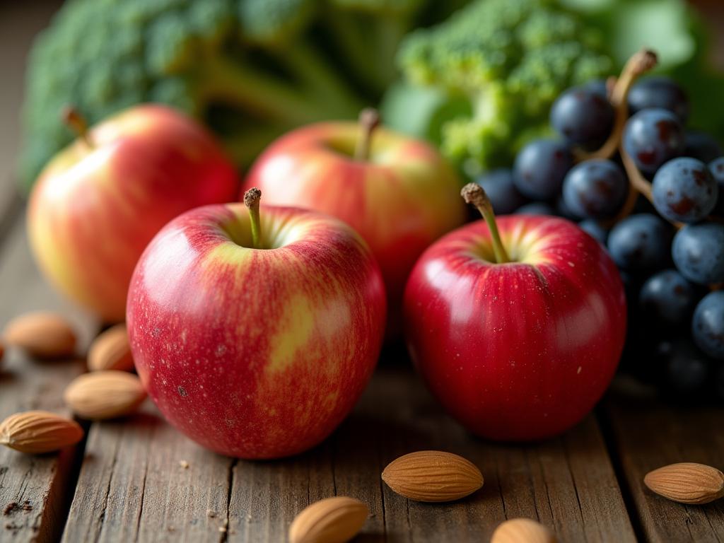 Close-up of various fruits and vegetables rich in boron, arranged on a rustic wooden table. Includes apples, broccoli, almonds, and grapes.
