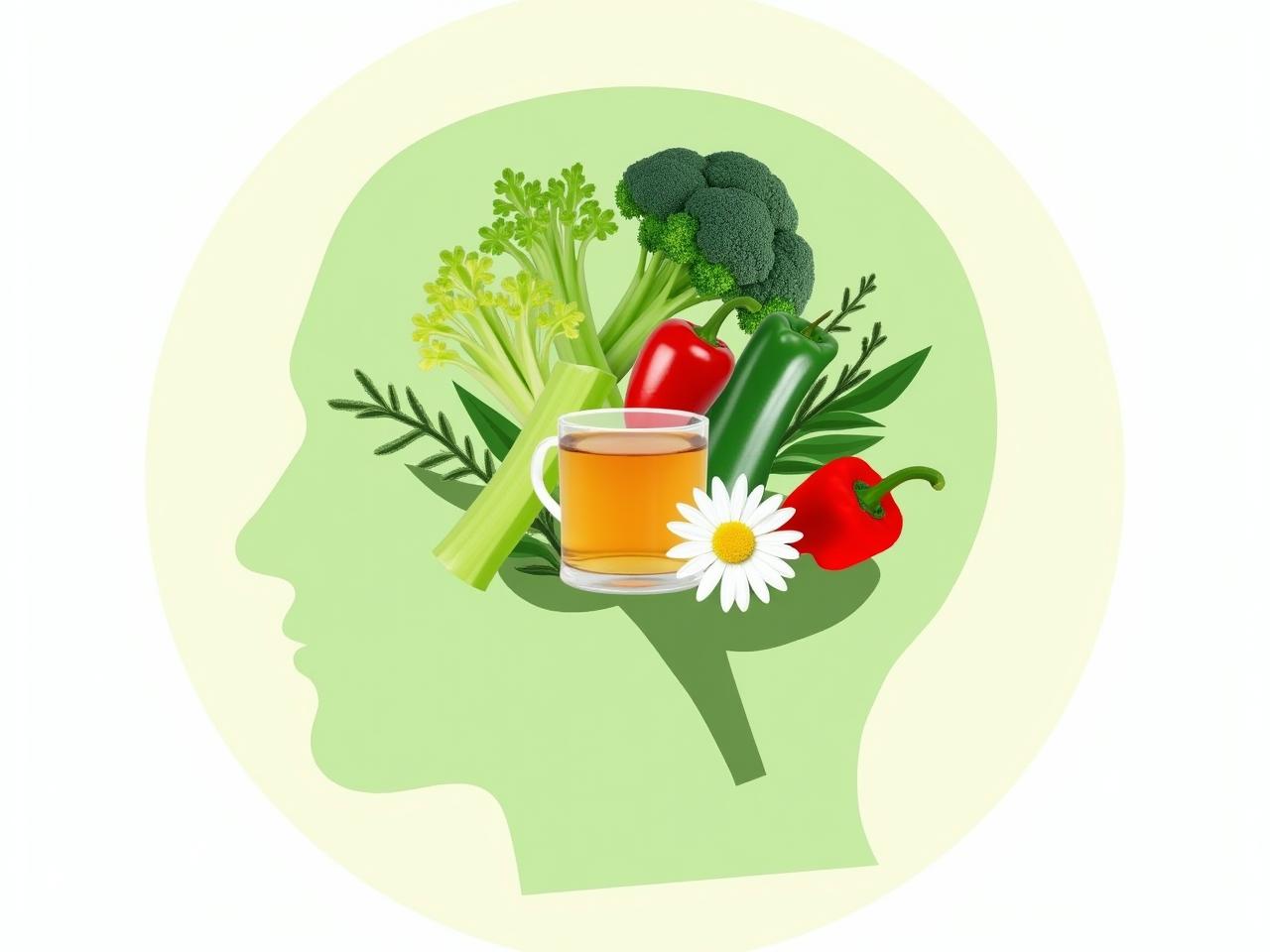Image of various foods containing luteolin, such as celery, green pepper, broccoli, and chamomile tea, arranged around a human brain silhouette.
