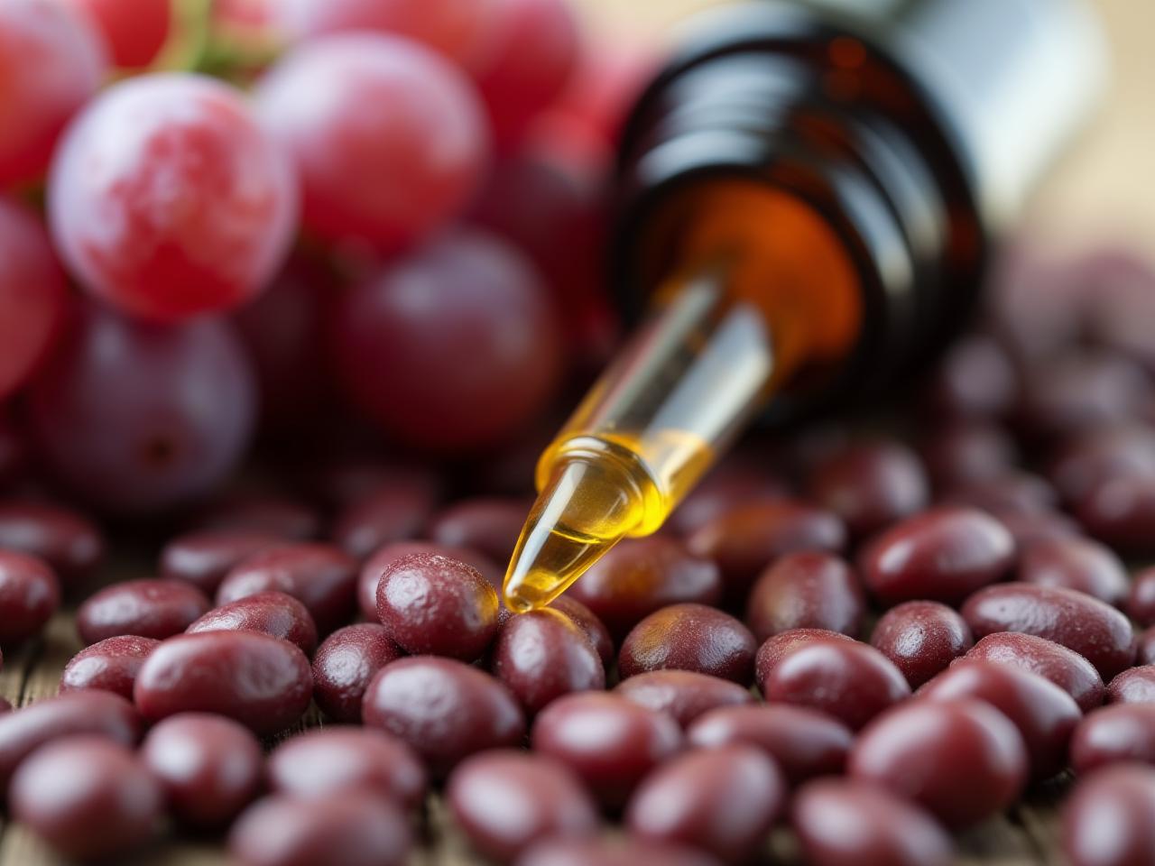 A close-up image of grape seeds with a dropper bottle of grape seed extract, symbolizing the benefits of GSE for collagen production and skin health.