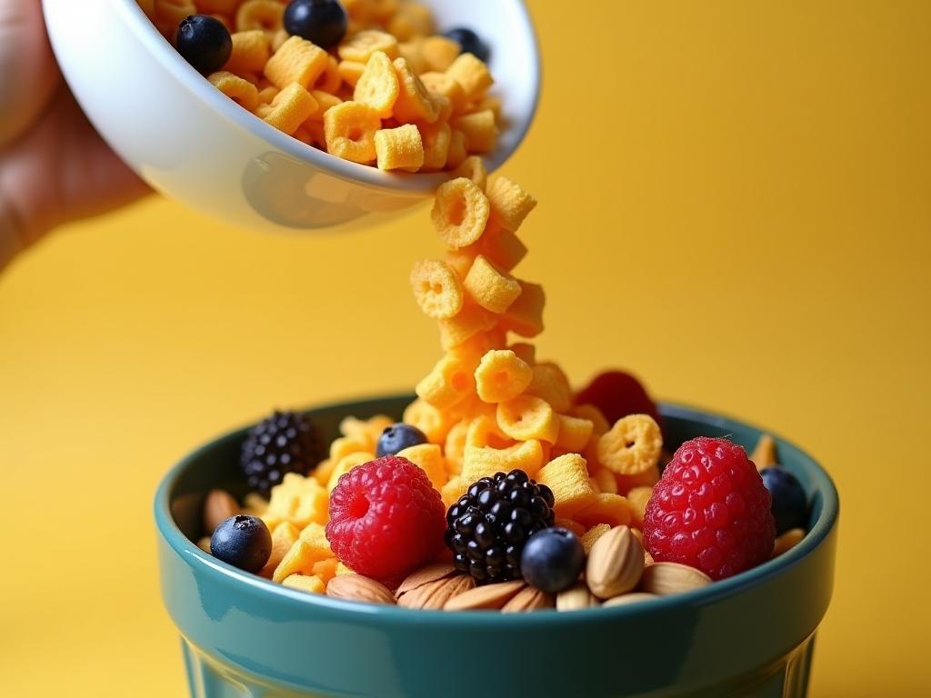 A close-up shot of a bowl of colorful cornflakes being poured into a trash can, replaced by a vibrant bowl of fresh fruits and nuts, symbolizing a healthier breakfast choice.